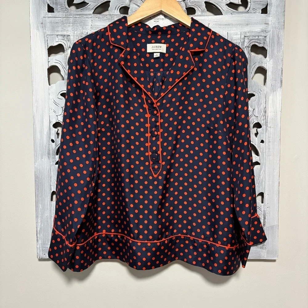 NEW J. Crew Collection Silk-Twill Navy/Orange Polka Dot Popover Blouse Size M - Picture 3 of 8